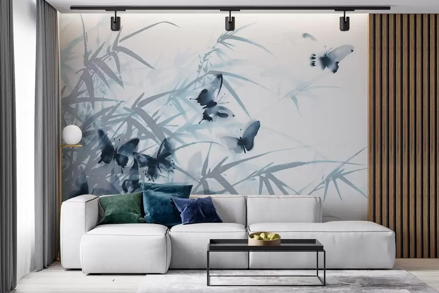 Fotobehang Texturale bamboebladeren en -stengels met vliegende blauwe vlinders met transparante vleugels w08524