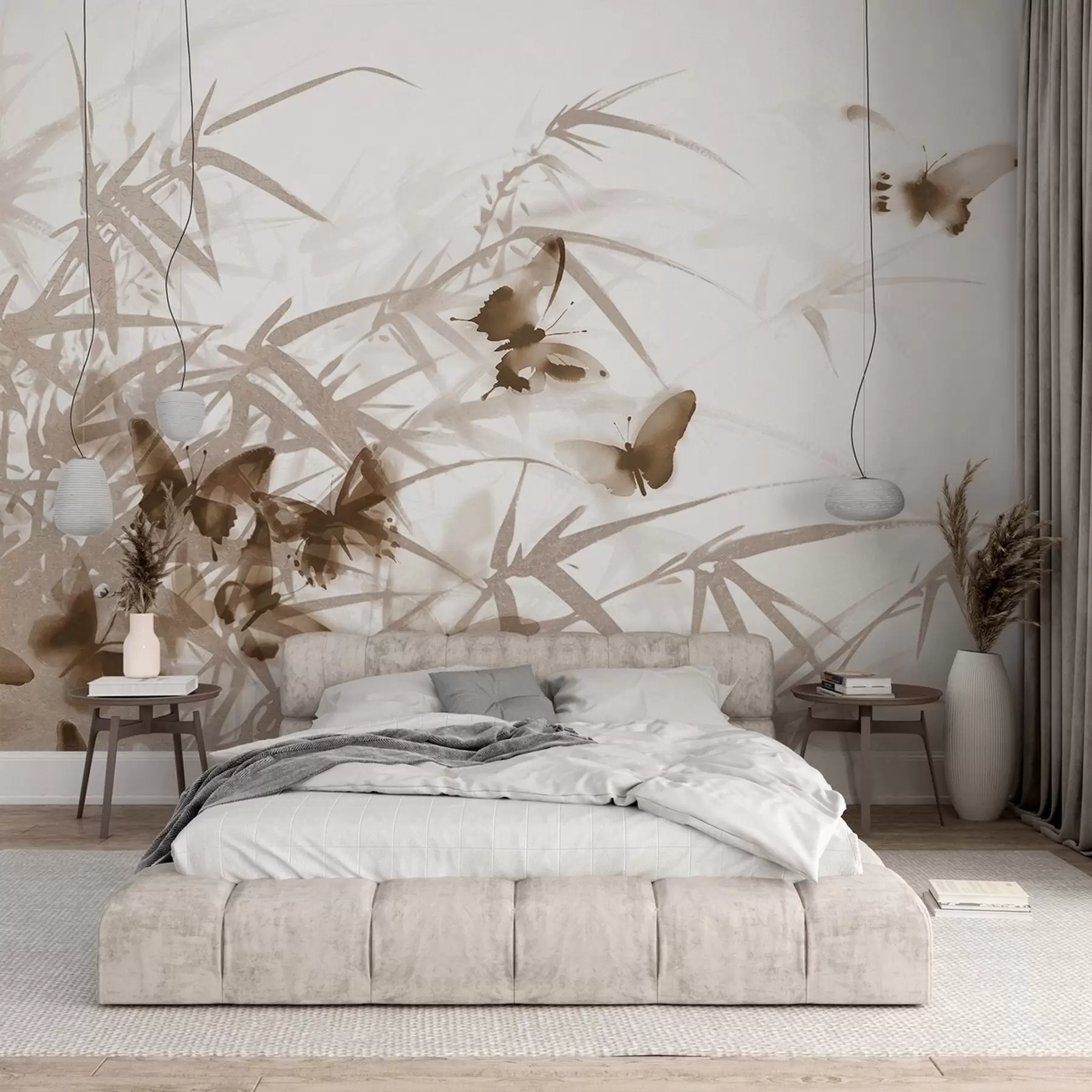 Fotobehang Texturale bamboebladeren en -stengels met vliegende bruine vlinders met transparante vleugels w08524v1