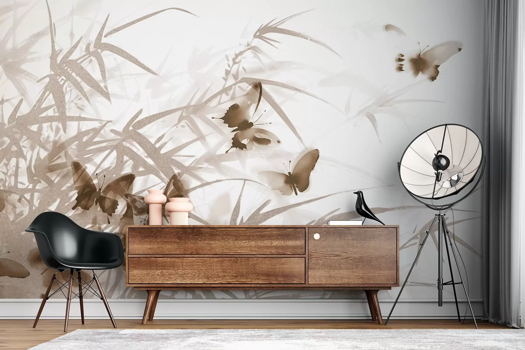 Papier peint photo Feuilles et tiges de bambou texturées avec des papillons bruns volants aux ailes transparentes w08524v1