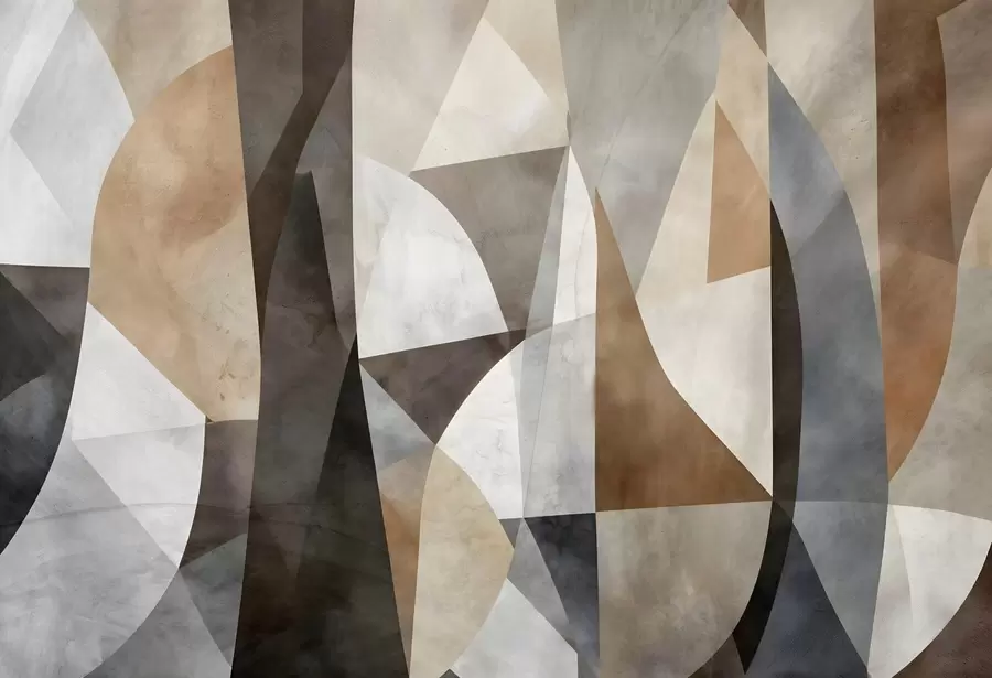 Fotobehang Abstracte moderne kunst met texturale geometrische vormen in bruin-, grijs- en beigetinten w08530
