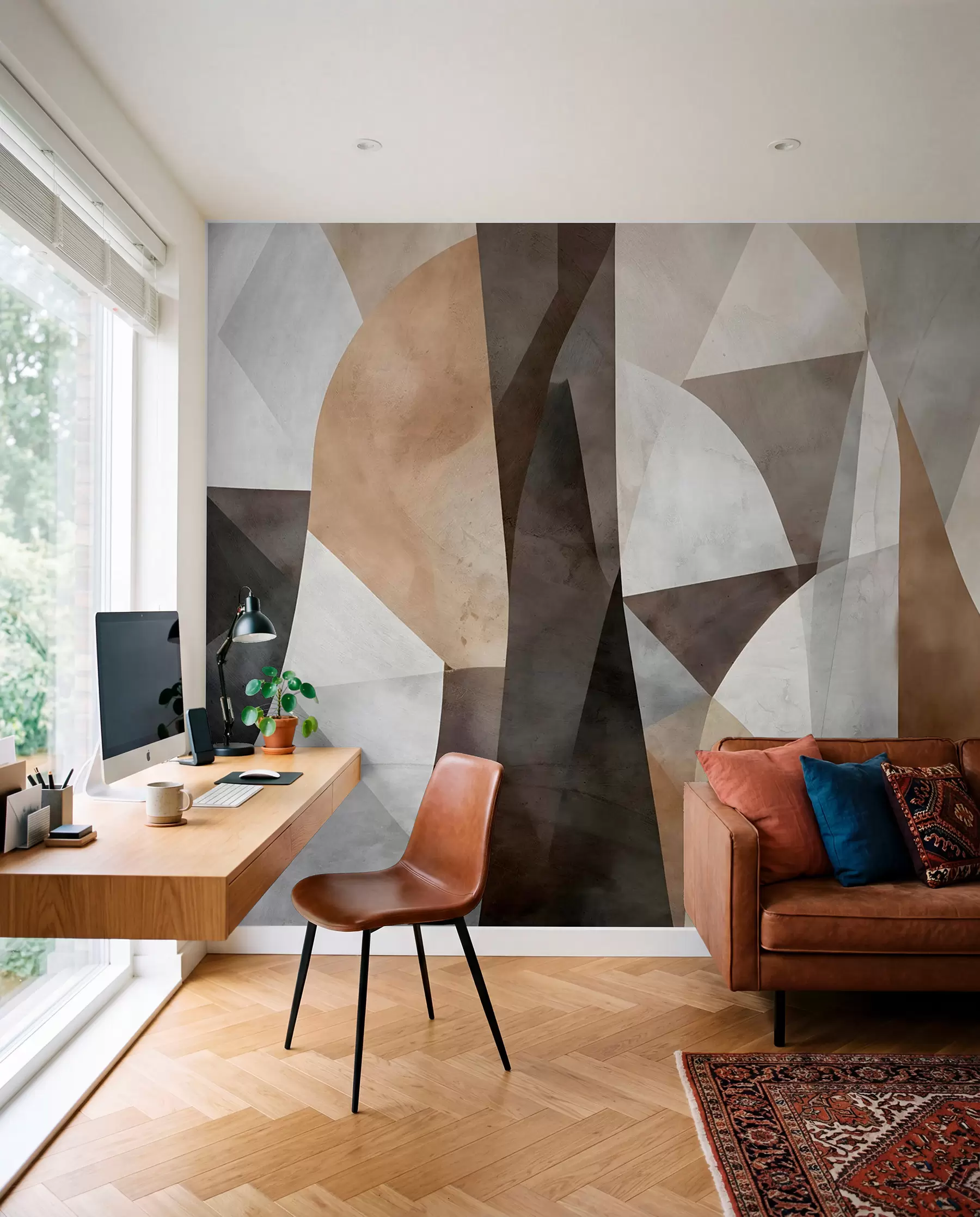 Fotobehang Abstracte moderne kunst met texturale geometrische vormen in bruin-, grijs- en beigetinten w08530