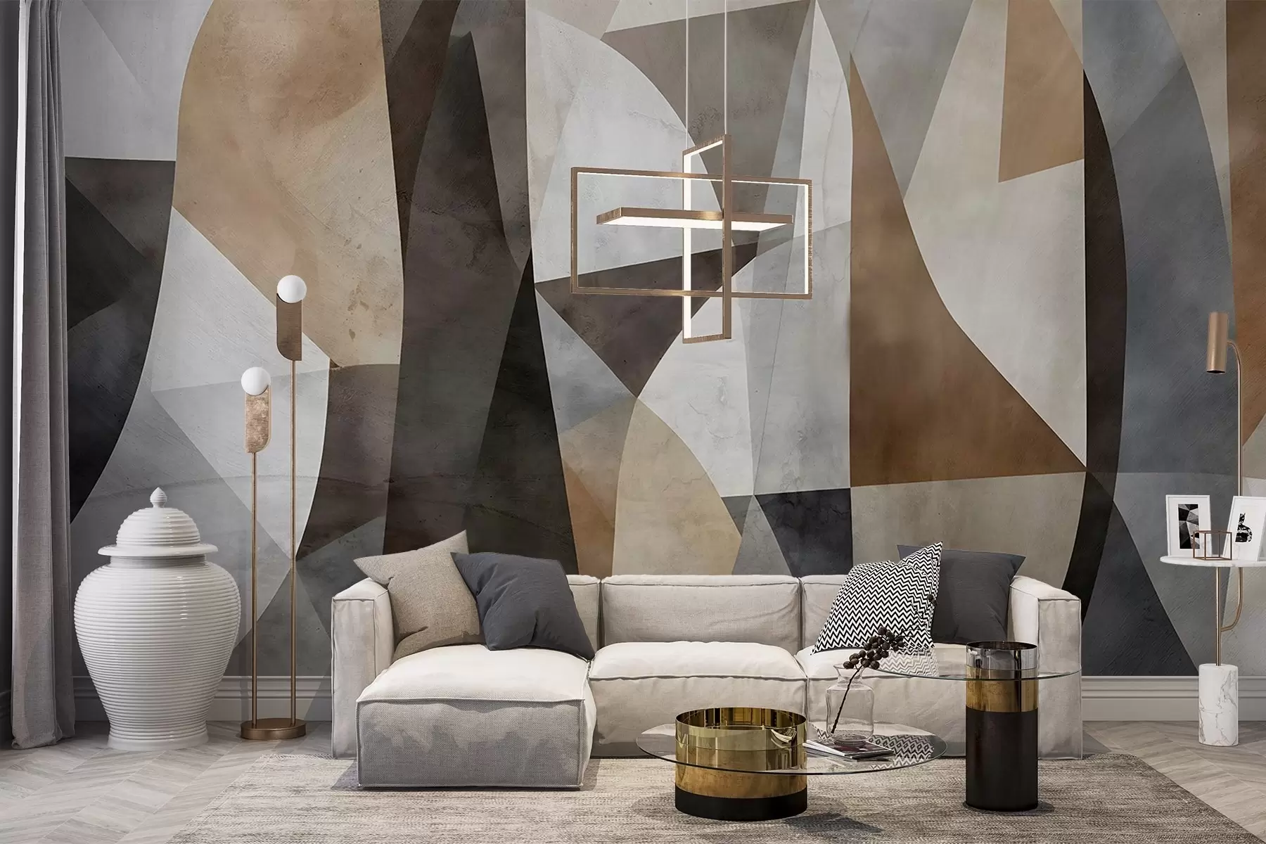 Fotobehang Abstracte moderne kunst met texturale geometrische vormen in bruin-, grijs- en beigetinten w08530