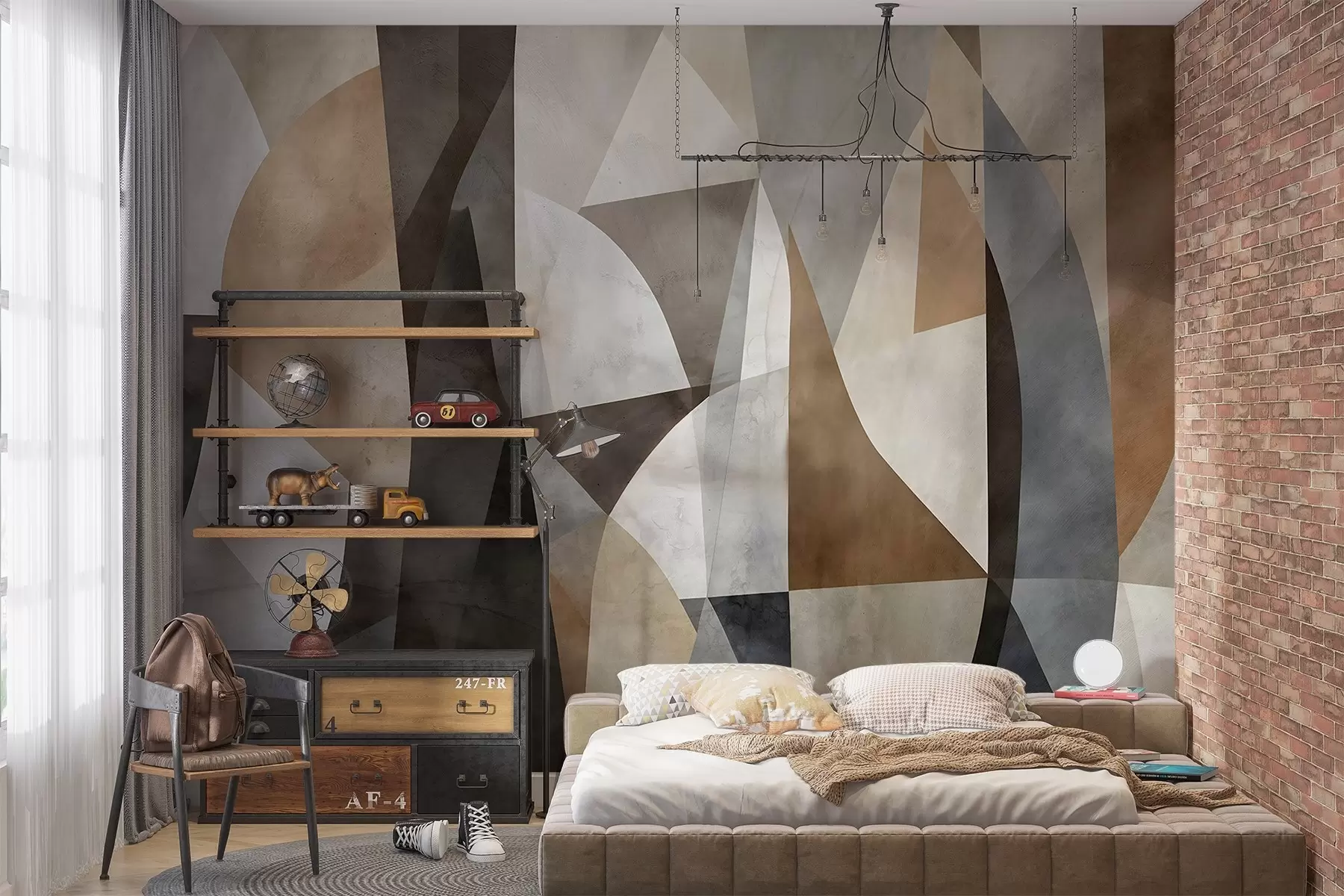 Fotobehang Abstracte moderne kunst met texturale geometrische vormen in bruin-, grijs- en beigetinten w08530