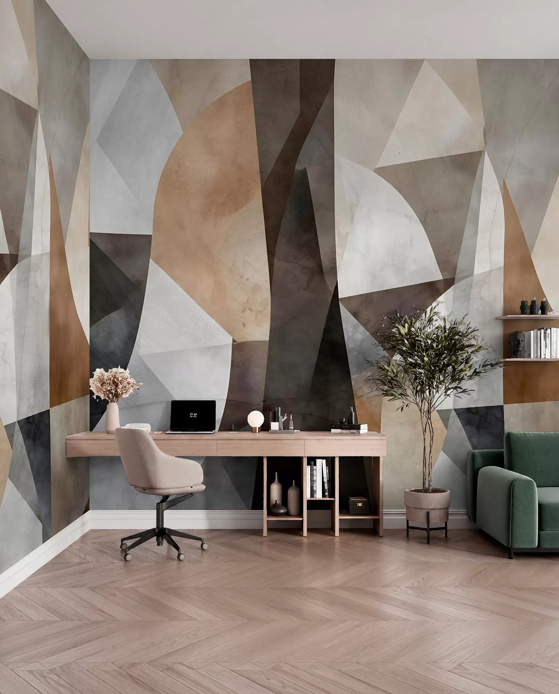 Fotobehang Abstracte moderne kunst met texturale geometrische vormen in bruin-, grijs- en beigetinten w08530