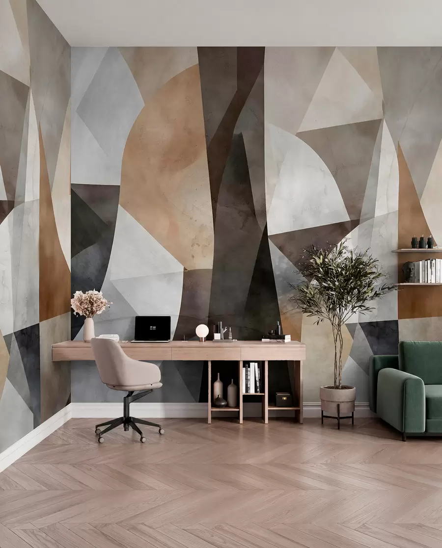 Fotobehang Abstracte moderne kunst met texturale geometrische vormen in bruin-, grijs- en beigetinten w08530