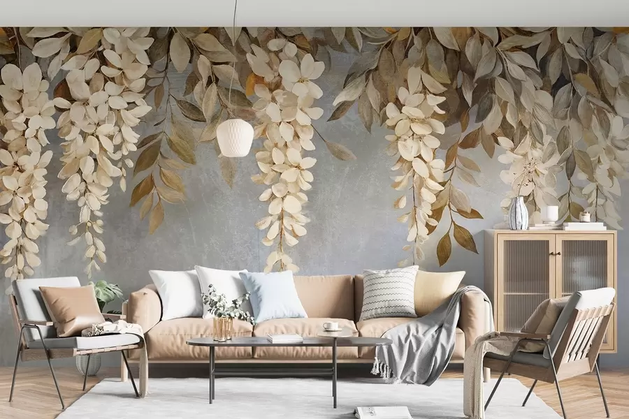 Fotobehang Delicate witte en lichtbeige blauweregen bloemen met bladeren tegen een zachtgrijze achtergrond w08531