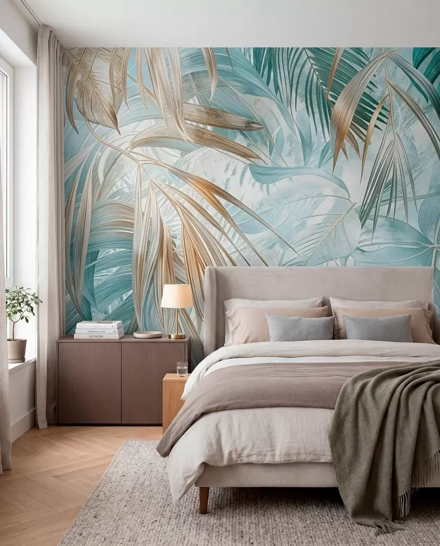 Papier peint photo Un imprimé floral abstrait tropical avec de grandes feuilles de palmier dans des tons bleus et beiges crée une atmosphère luxuriante w08532