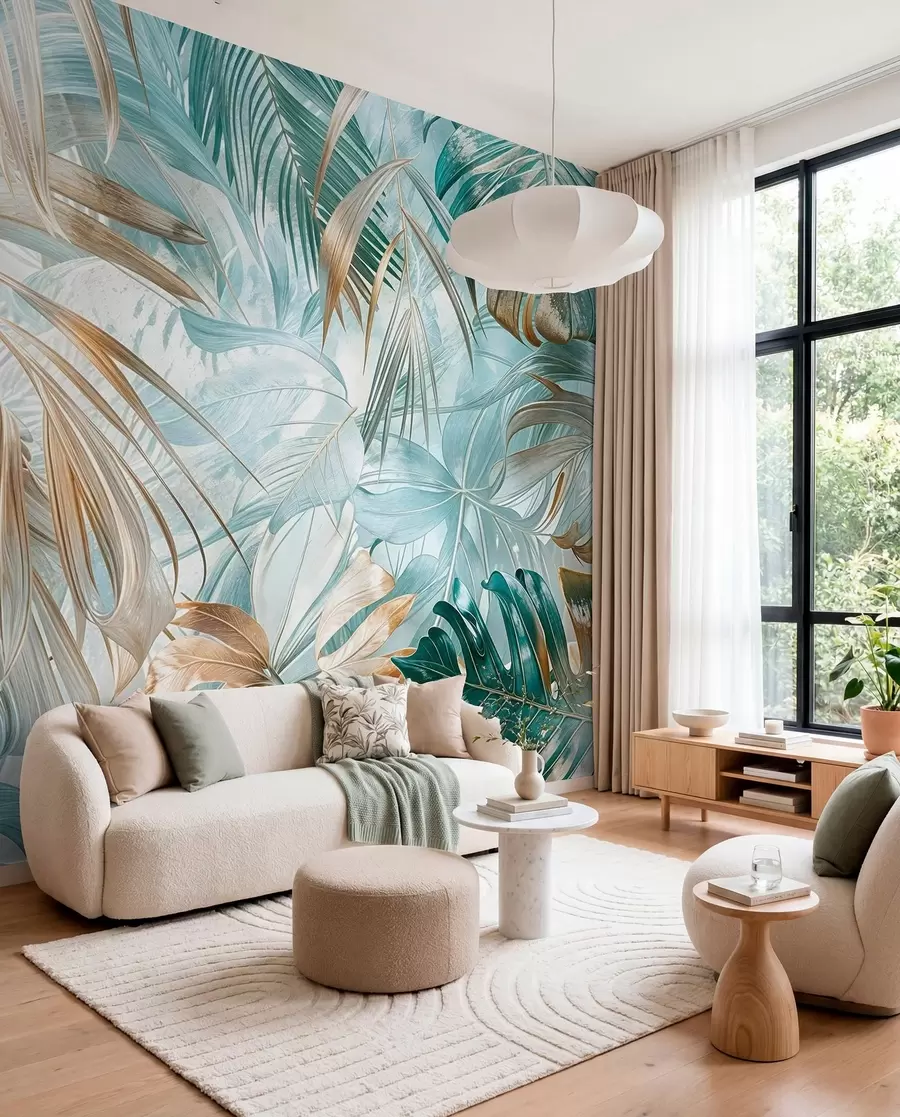 Fotobehang Een tropische abstracte bloemenprint met grote palmbladeren in blauw- en beigetinten creëert een weelderige sfeer w08532