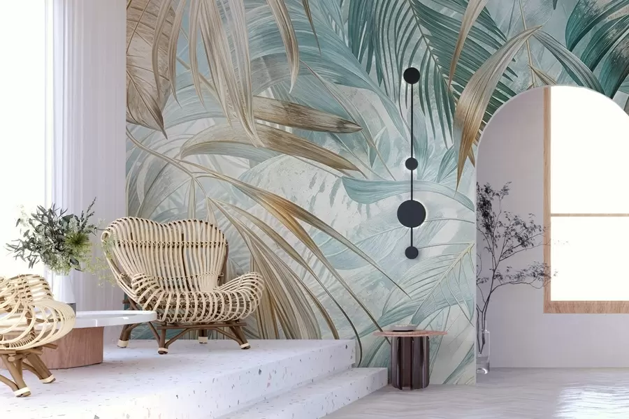 Papier peint photo Un imprimé floral abstrait tropical avec de grandes feuilles de palmier dans des tons bleus et beiges crée une atmosphère luxuriante w08532