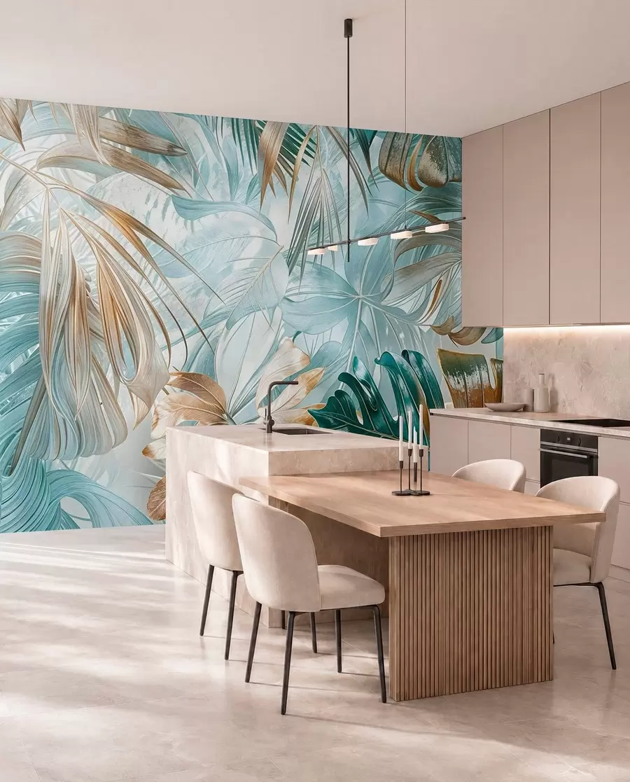 Papier peint photo Un imprimé floral abstrait tropical avec de grandes feuilles de palmier dans des tons bleus et beiges crée une atmosphère luxuriante w08532