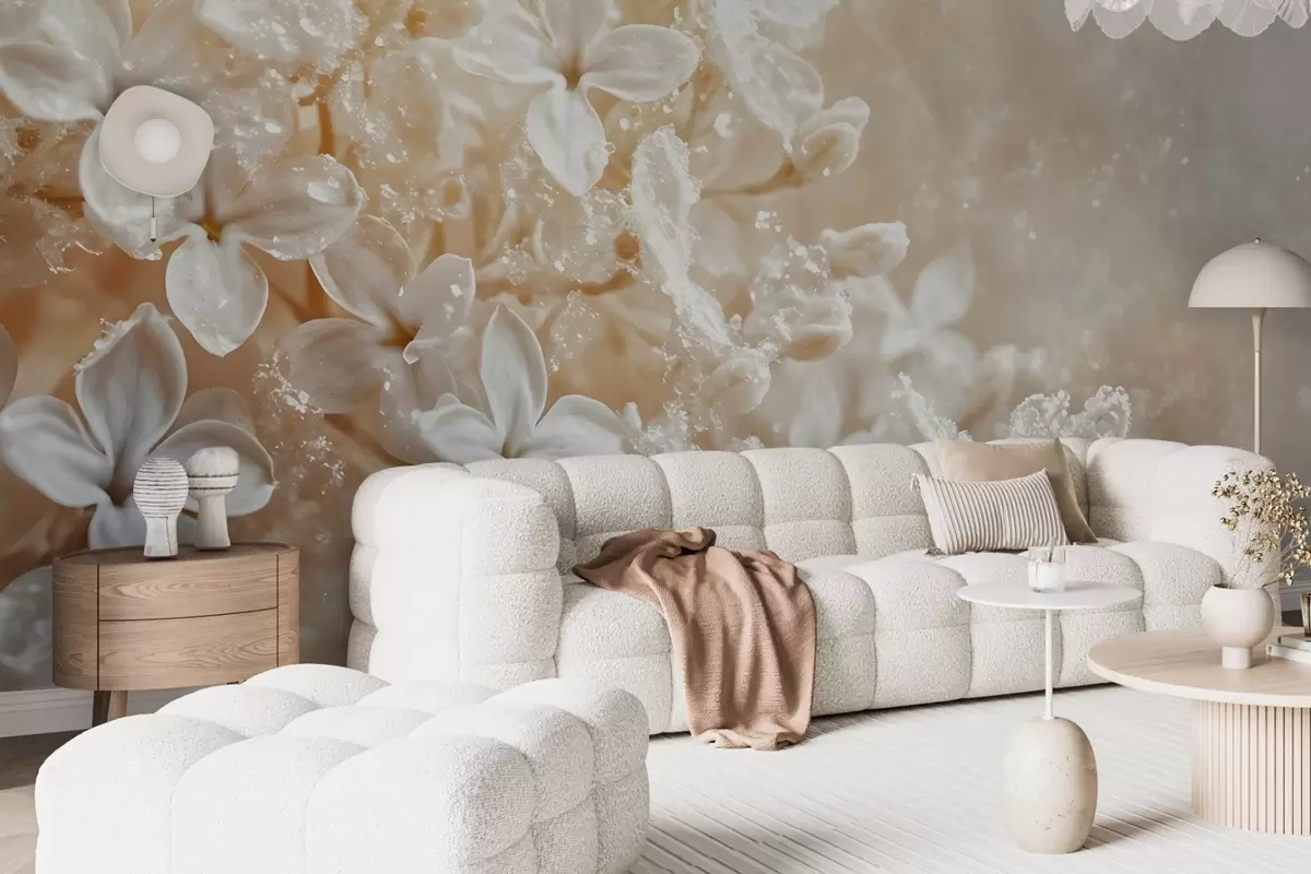 Fotobehang Delicate witte lila bloemen met zachte, gele onscherpe achtergrond w08533