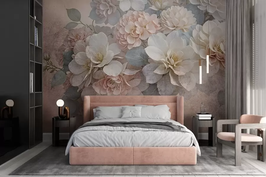 Papier peint photo Imprimé texturé doux avec des fleurs de pivoine pêche et blanche avec des feuilles vertes sur un fond beige w08534