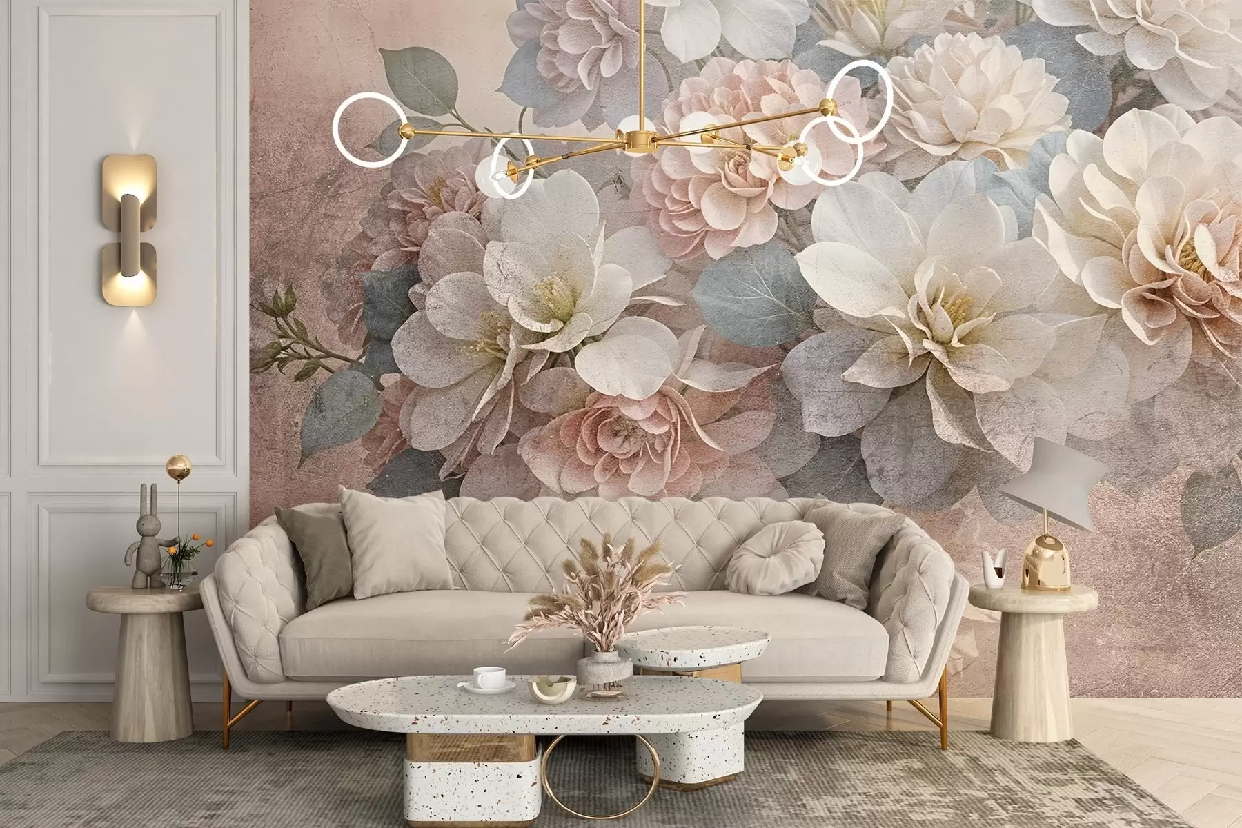 Fotobehang Zachte textuurprint met perzik- en witte pioenbloemen met groene bladeren op de beige achtergrond w08534