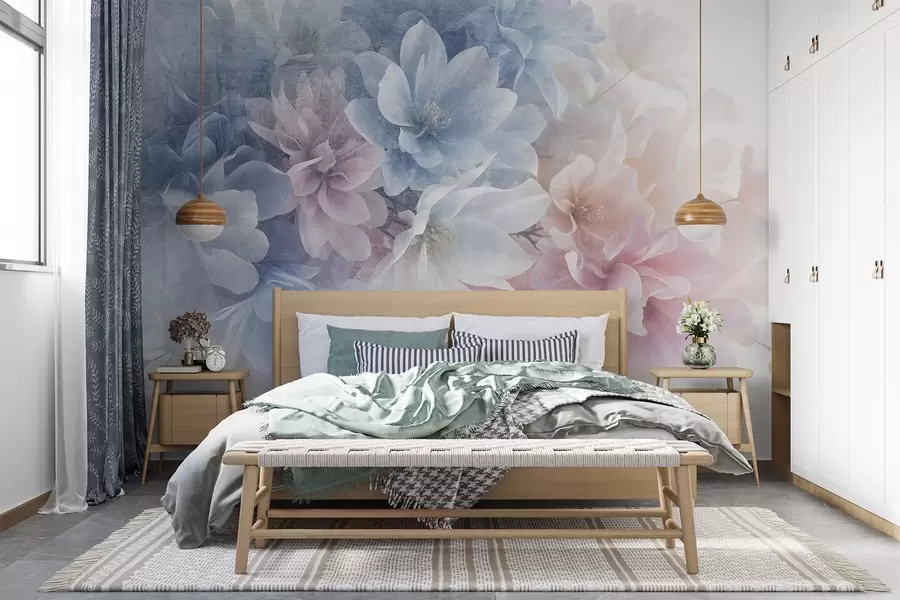 Fotobehang Zacht, pastelkleurig bloemstuk met grote, delicate bloemen in roze, blauwe en witte tinten w08535