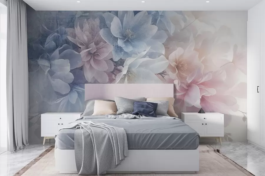 Fotobehang Zacht, pastelkleurig bloemstuk met grote, delicate bloemen in roze, blauwe en witte tinten w08535
