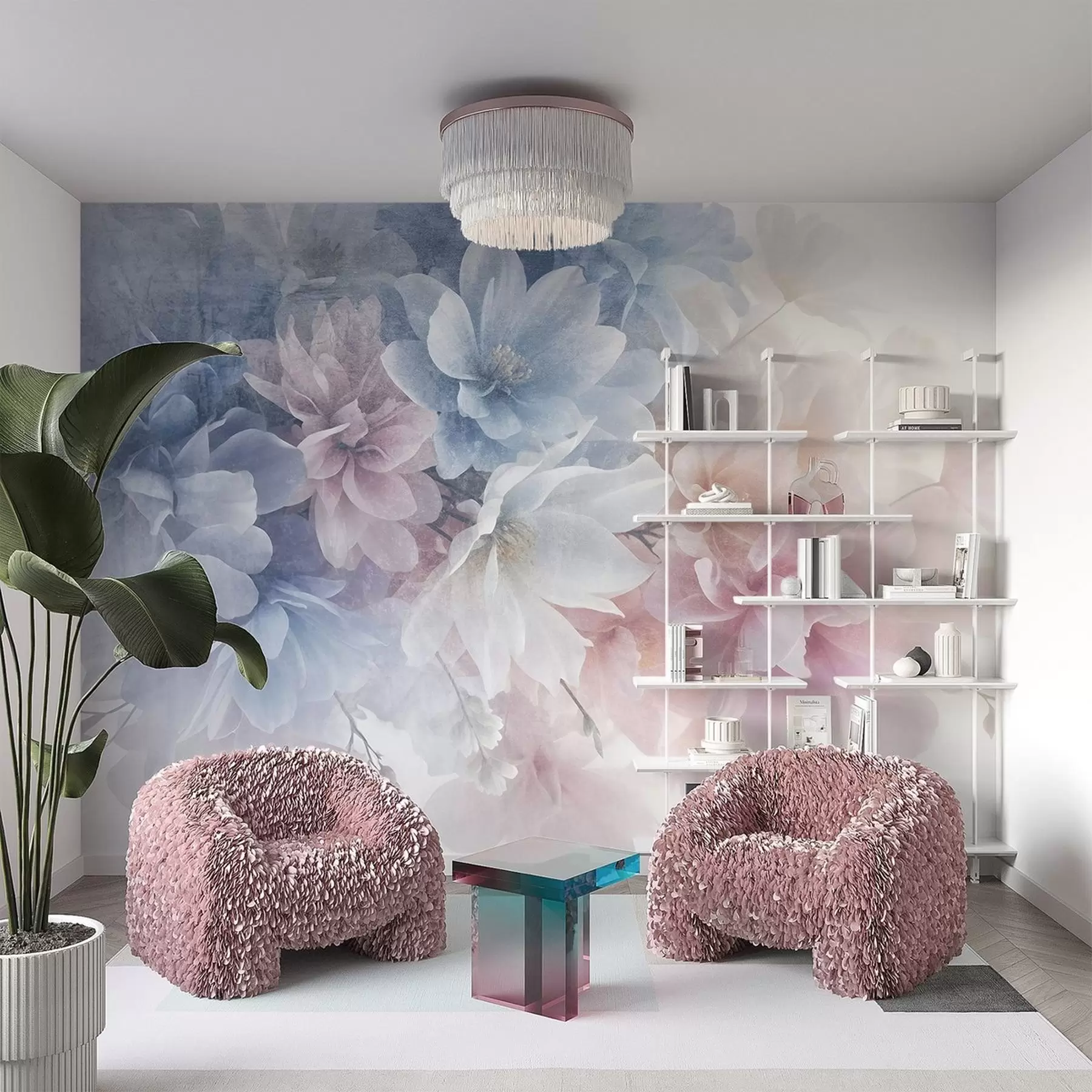 Fotobehang Zacht, pastelkleurig bloemstuk met grote, delicate bloemen in roze, blauwe en witte tinten w08535