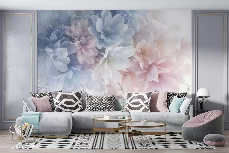 Fotobehang Zacht, pastelkleurig bloemstuk met grote, delicate bloemen in roze, blauwe en witte tinten w08535