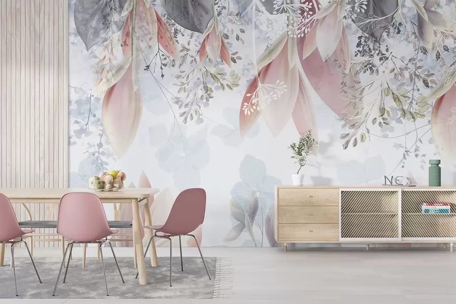 Fotobehang Zachte, pastelkleurige bloemenprint met delicate bloemblaadjes en bladeren in roze, witte en grijze tinten w08538