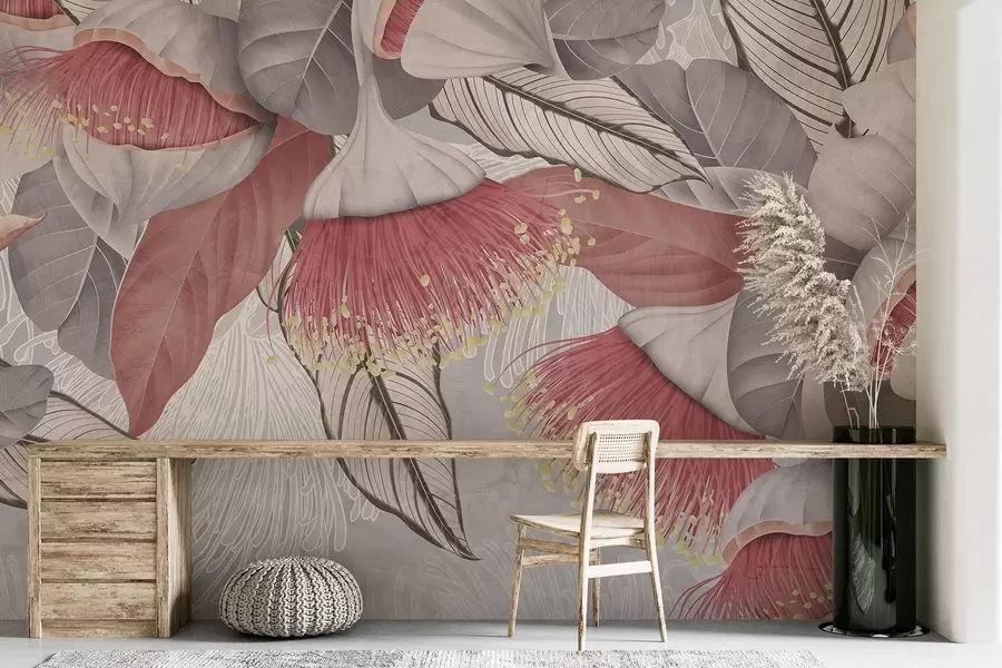 Papier peint photo Illustration botanique de grandes fleurs d'eucaliptus aux longues étamines sur fond gris et blanc w08539