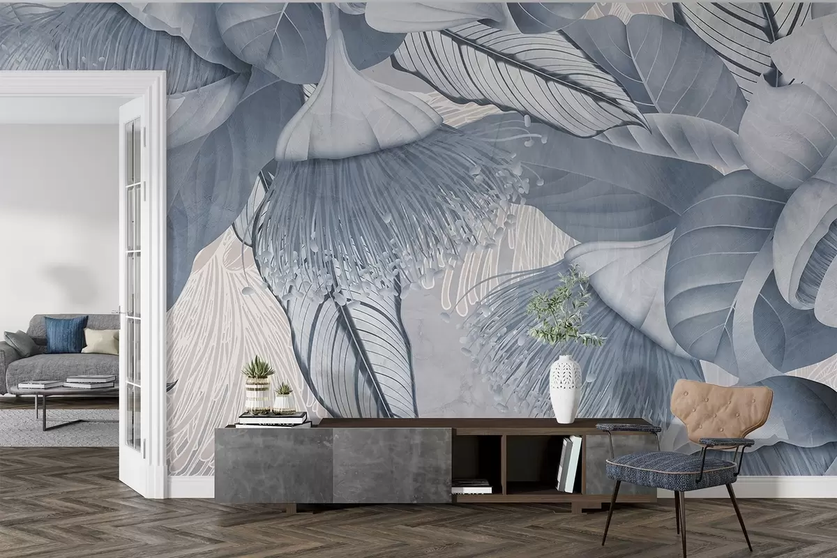 Fotobehang Botanische illustratie van grote, blauwe eucaliptusbloemen met lange meeldraden tegen een grijze en witte achtergrond w08539v1