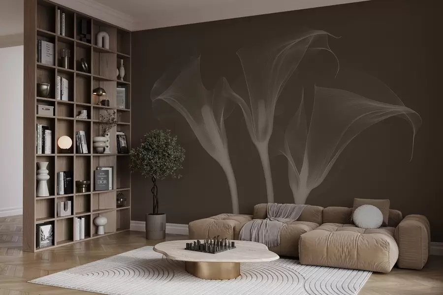 Fotobehang luchtige transparante Zantedeschia bloemen op een donkere achtergrond w02632v1