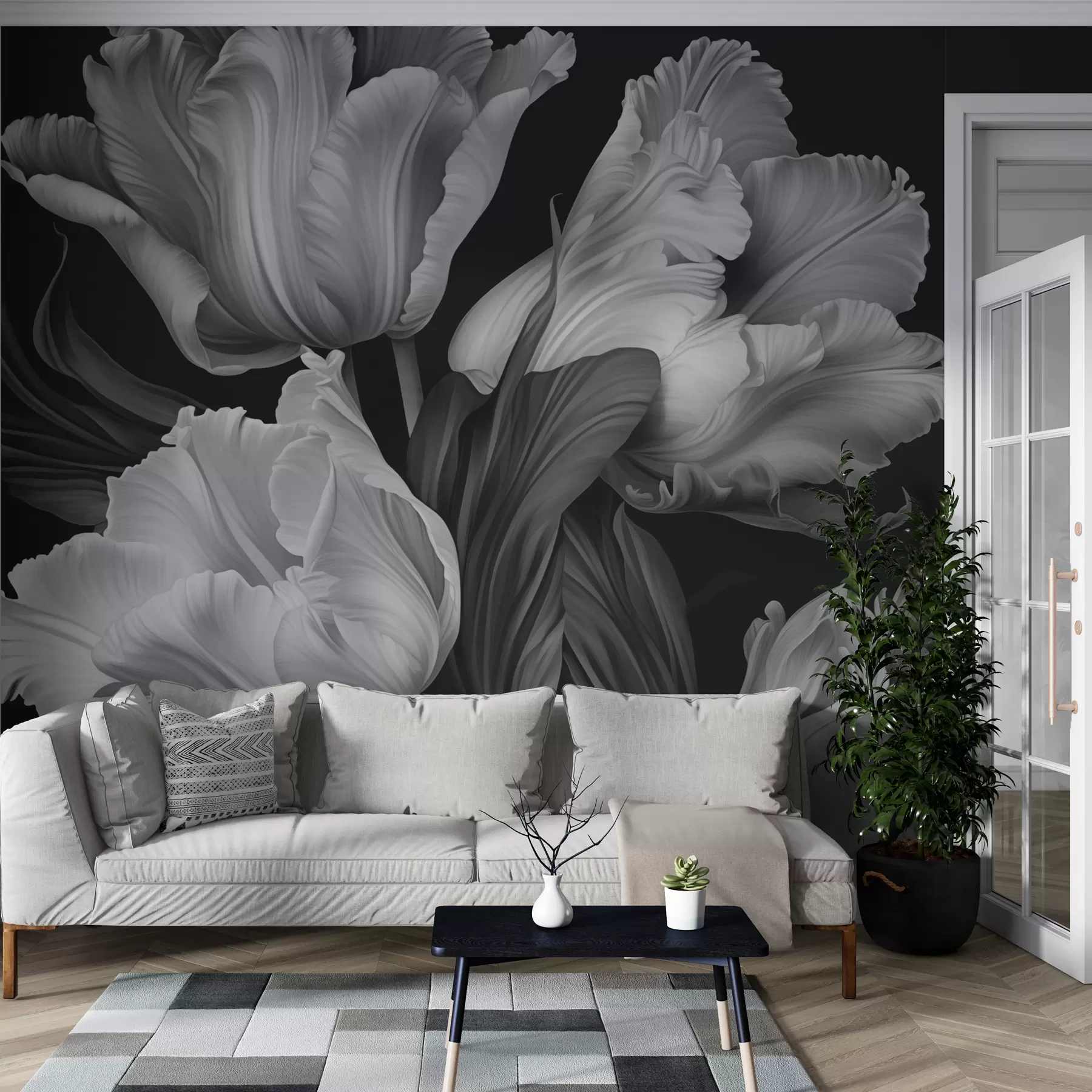 Fotobehang Zwart-witte tulpen in fotorealistische stijl w02557