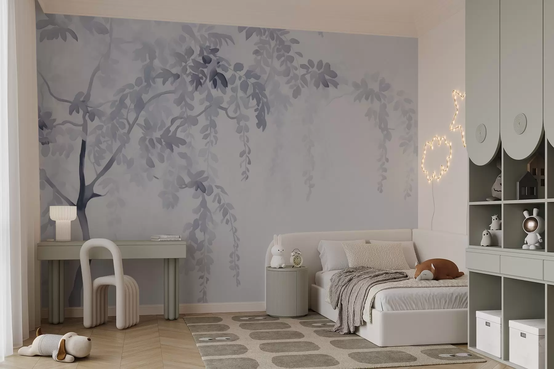 Fotobehang Silhouet van acaciaboom met takken en bladeren in aquarelstijl w02635v1