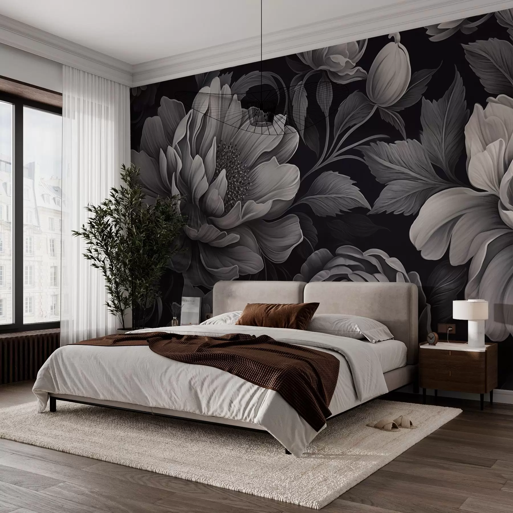 Fotobehang Zwarte en grijze bloemen op een donkere achtergrond w02575