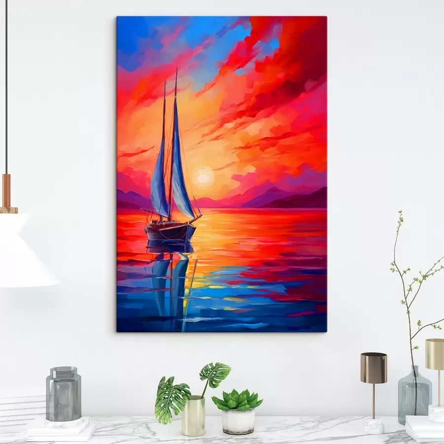  Schilderijen Zeilboot op de achtergrond van een heldere zonsondergang s42151