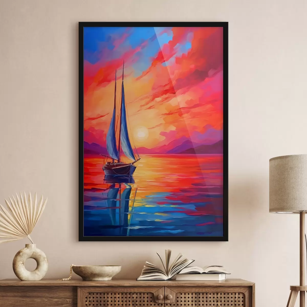 Affiche Voilier sur fond de coucher de soleil lumineux f42151