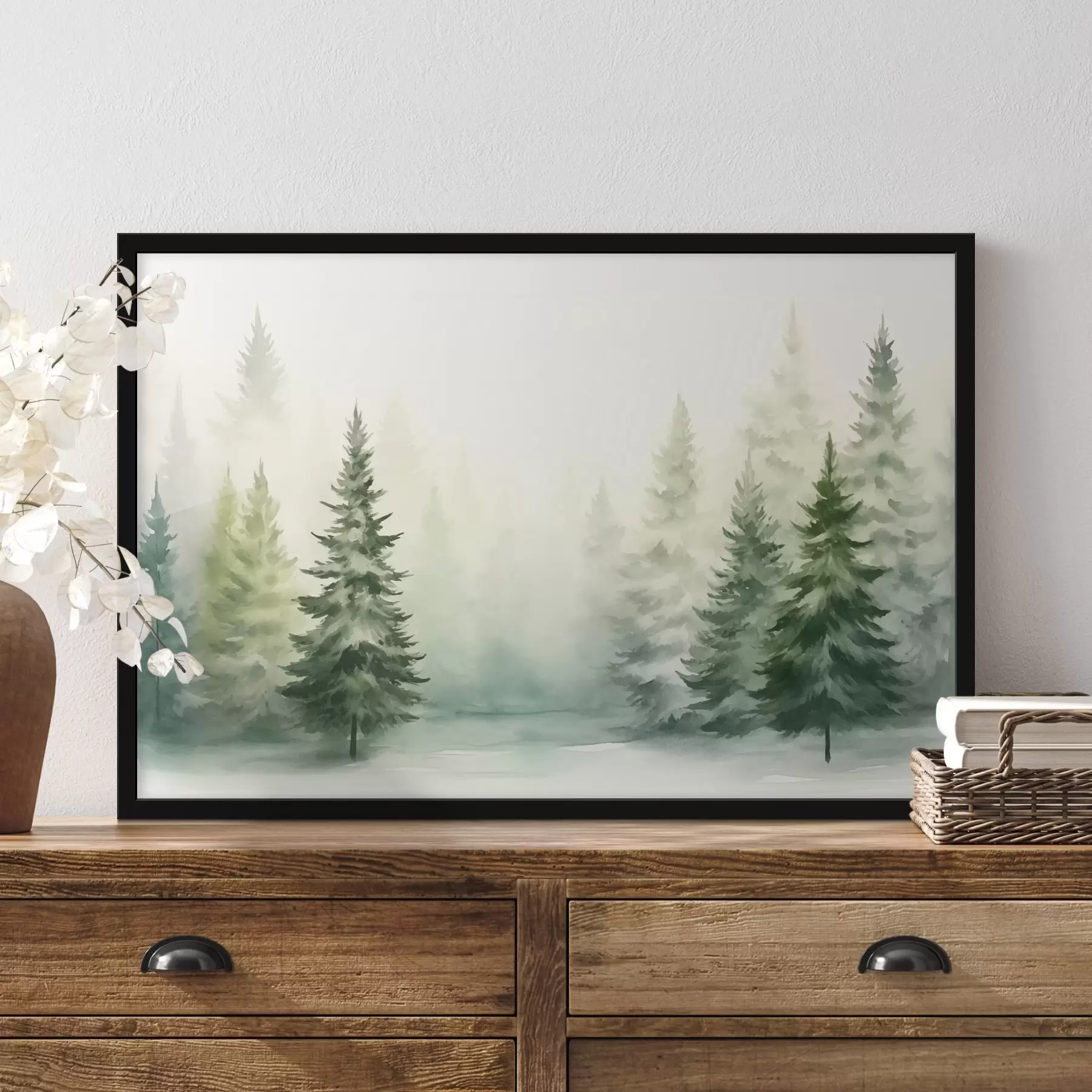 Fotobehang Mistig bos van dennenbomen f42154