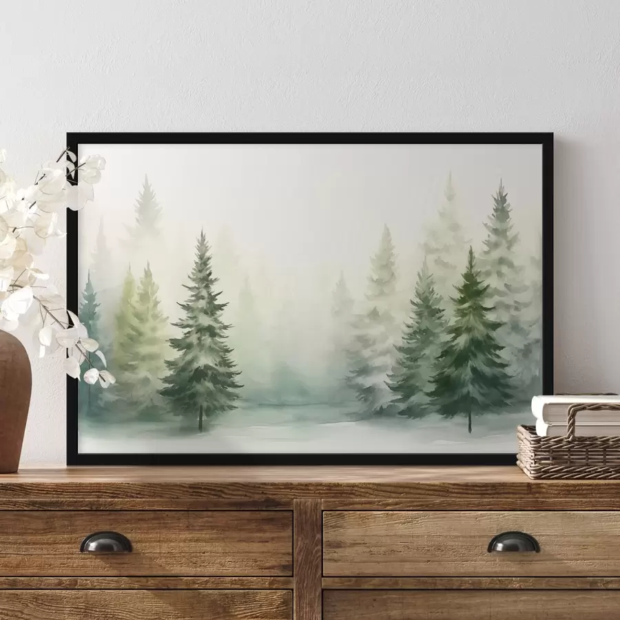 Fotobehang Mistig bos van dennenbomen f42154