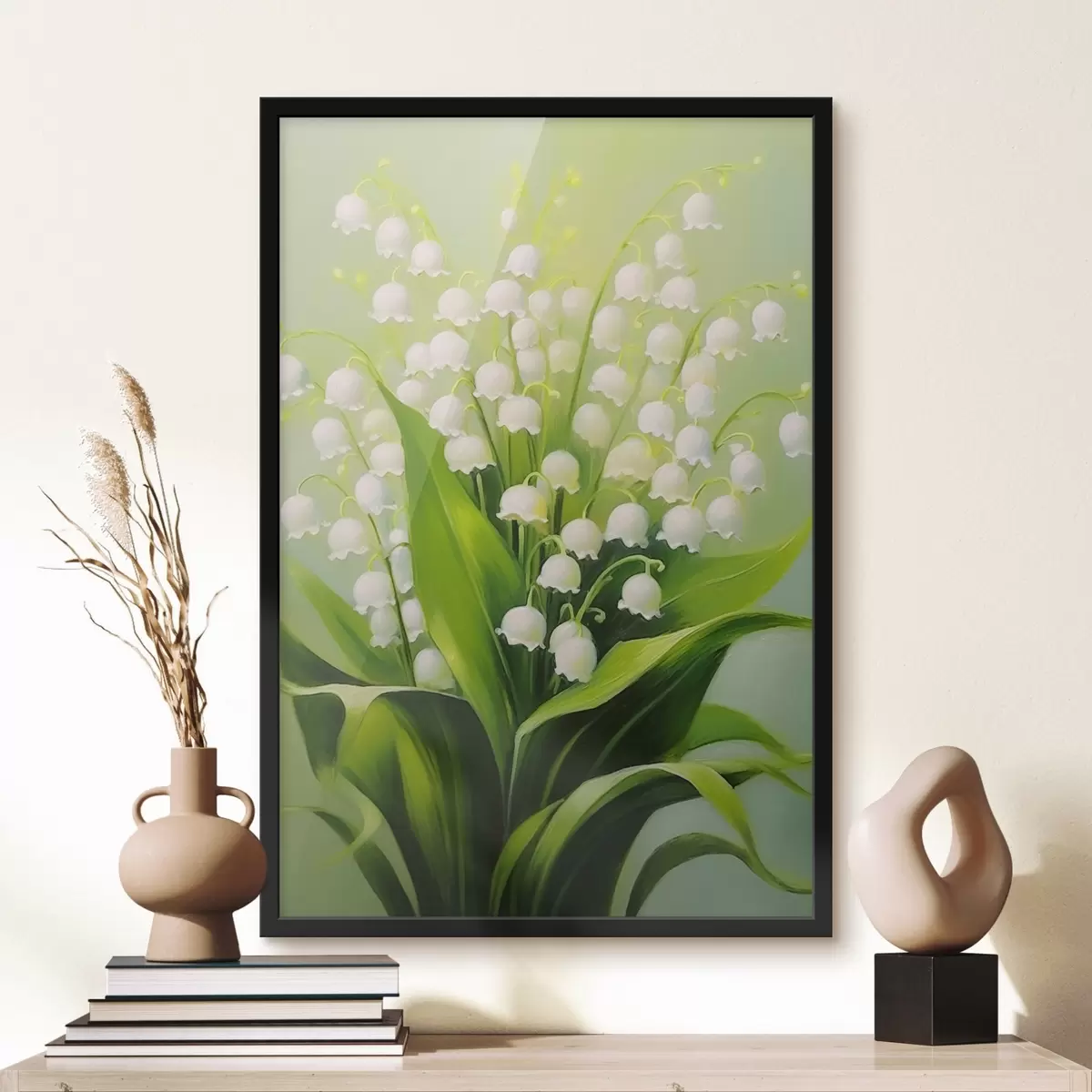Poster Lelietjes-van-dalen op een delicate groene achtergrond f42160