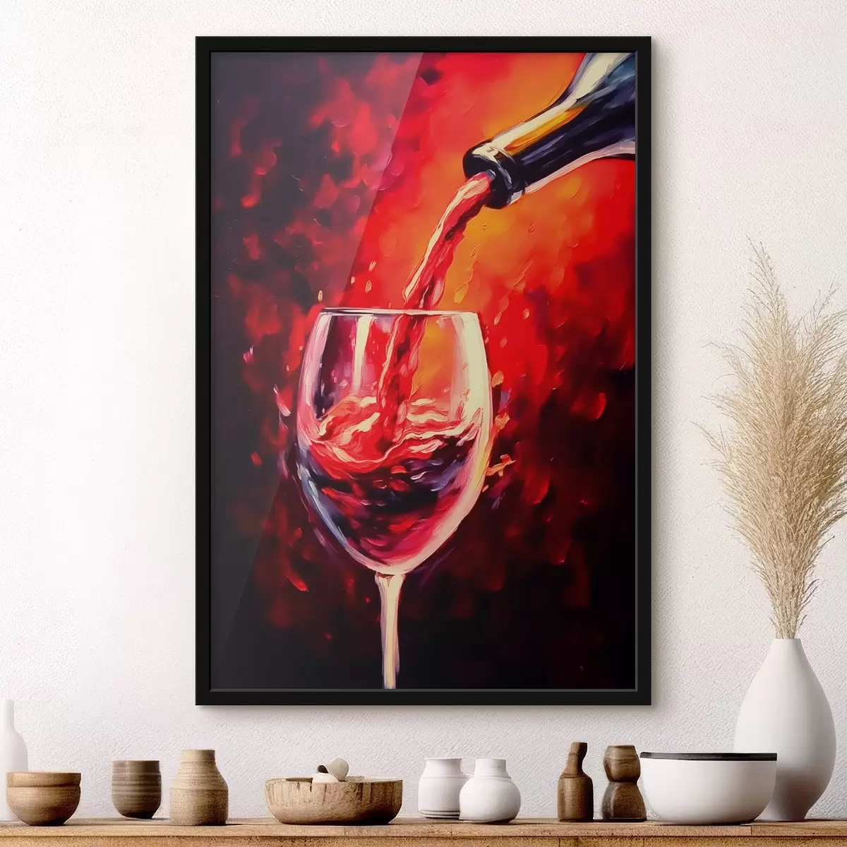 Poster Rode wijn in een glas tegen de achtergrond van vuurgloed f42162