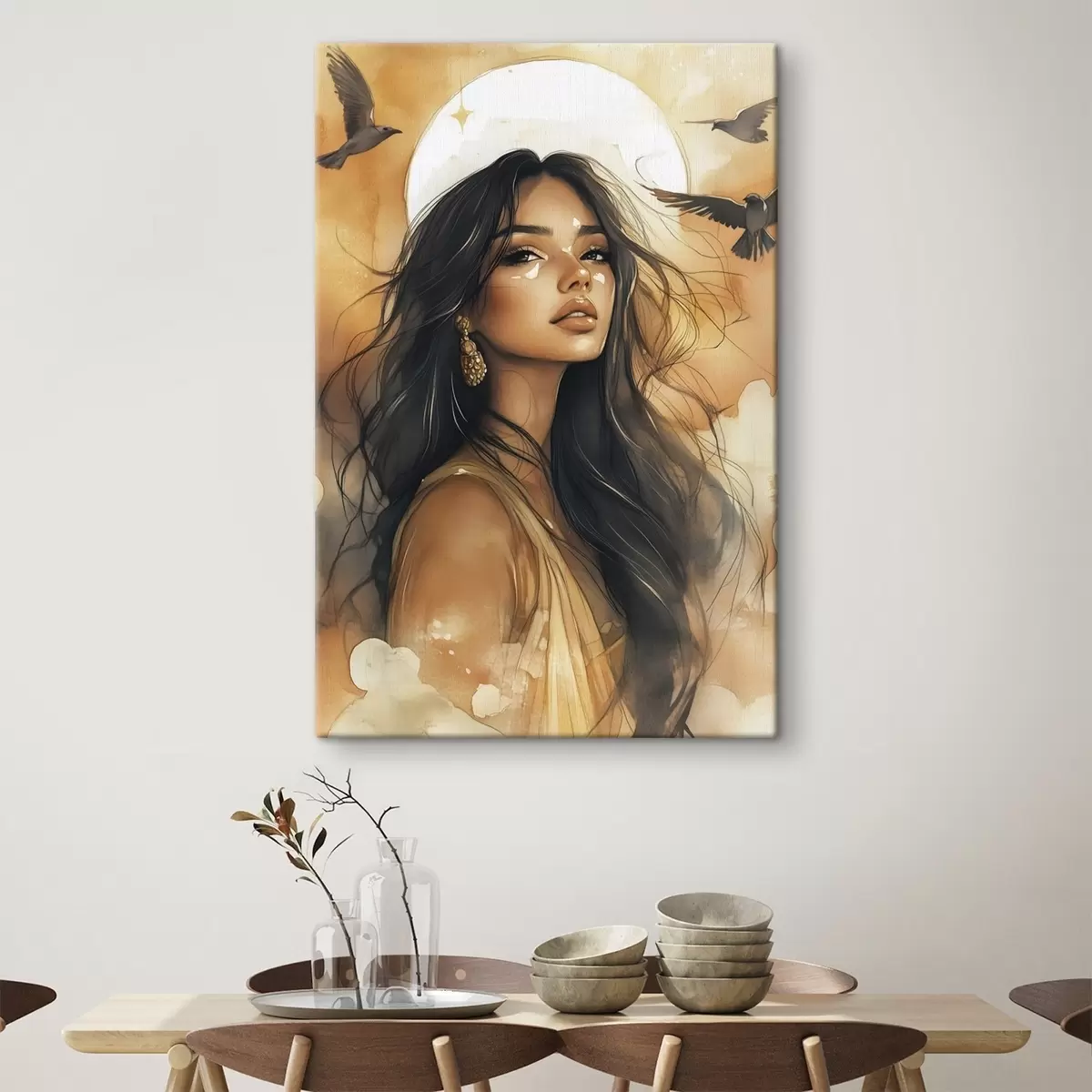  Peintures Femme avec oiseaux volants, tribal, couleurs beiges, soleil s42196