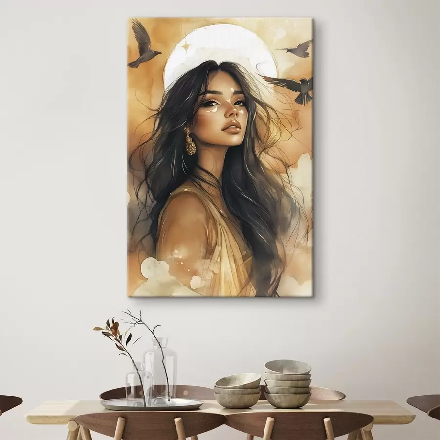 Fotobehang Vrouw met vliegende vogels, tribal, beige kleuren, zon s42196