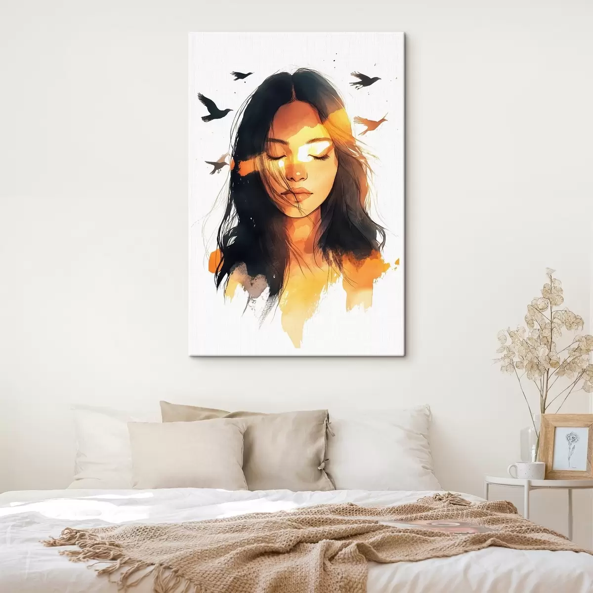  Peintures Portrait de style aquarelle, belle fille, lumière du soleil, oiseaux en vol s42198