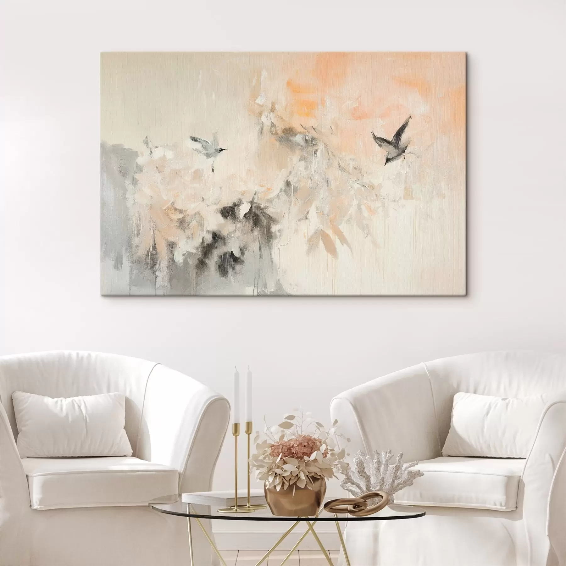 Fotobehang Abstractie met vliegende vogels, acrylstijl, roze en beige kleuren s42205
