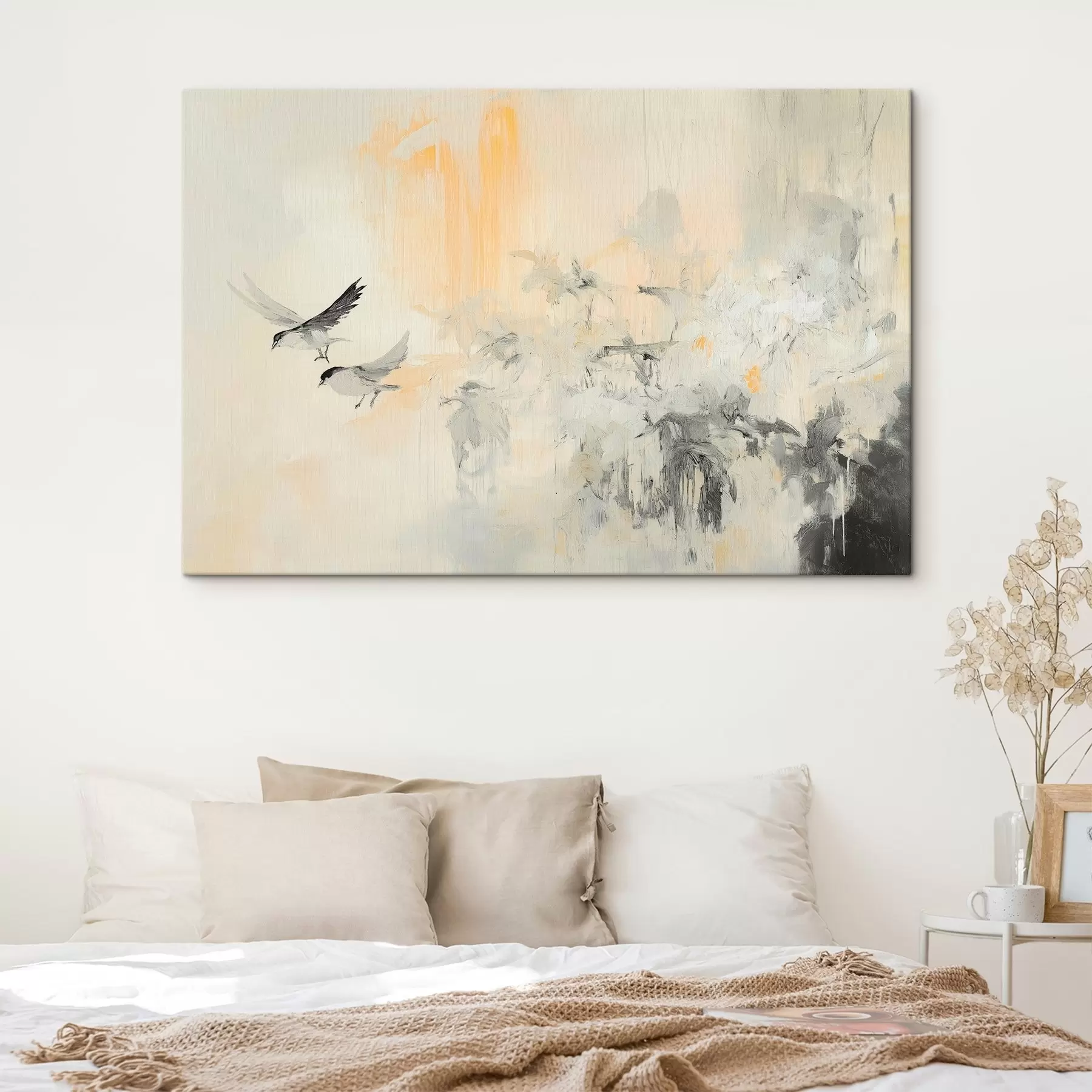  Schilderijen Abstractie met vogels, acrylstijl, grijze en beige kleuren s42206