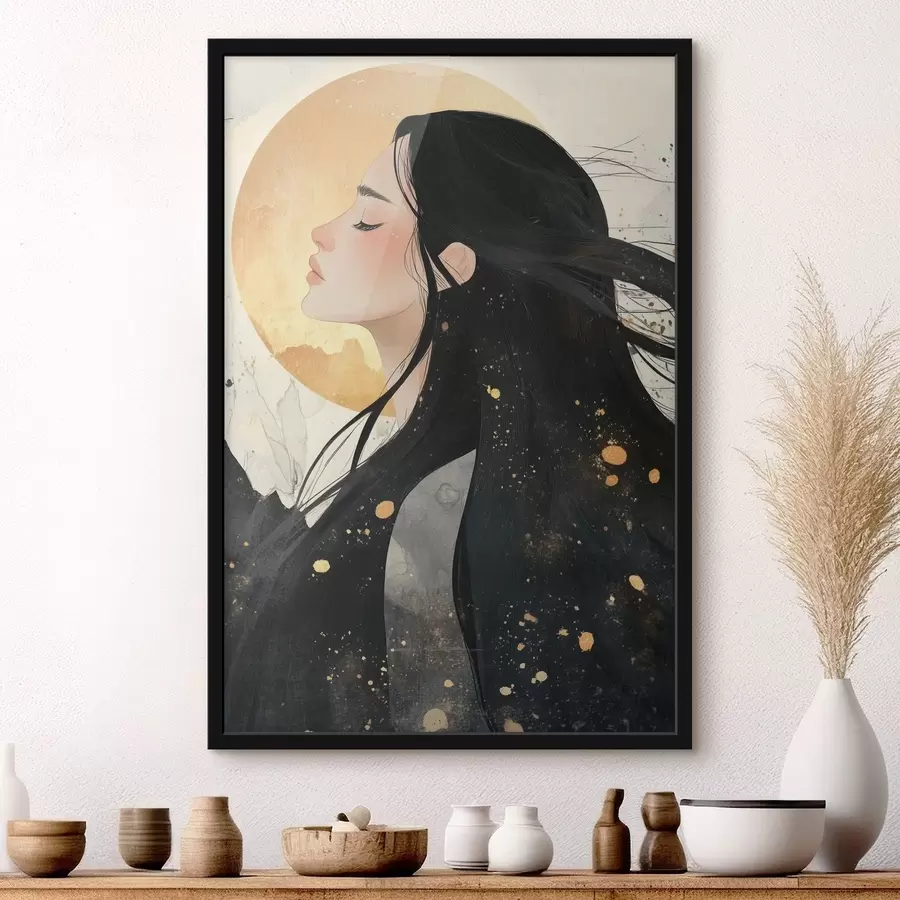 Papier peint photo Belle fille aux cheveux noirs, style oriental, soleil f42194