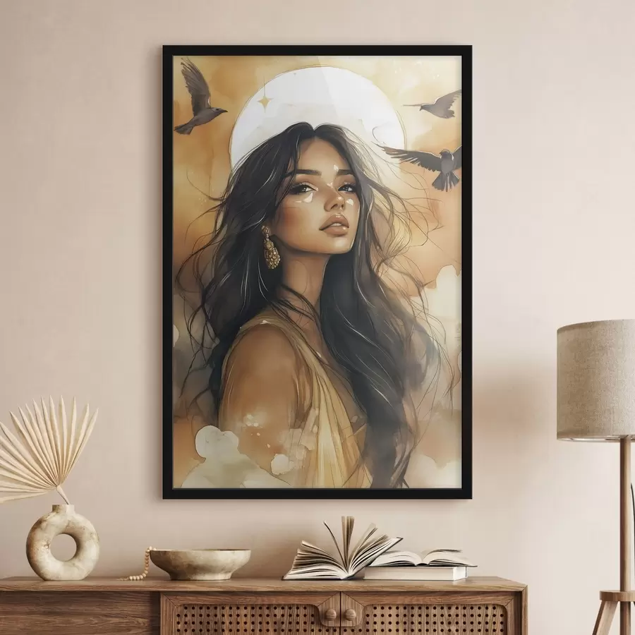 Fotobehang Vrouw met vliegende vogels, tribal, beige kleuren, zon f42196