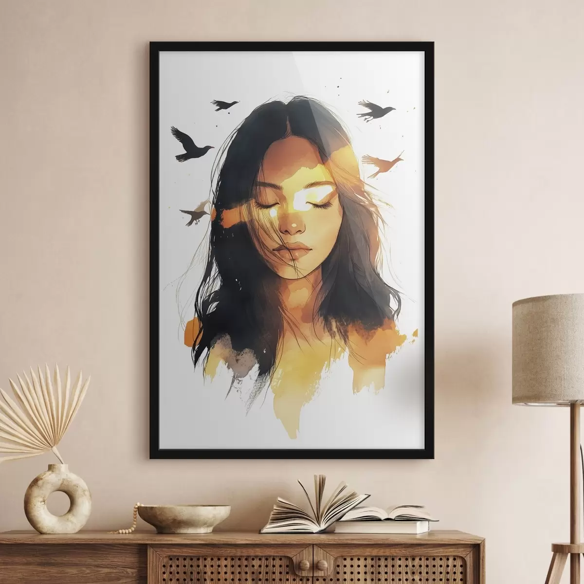 Poster Aquarel stijl portret, mooi meisje, zonlicht, vliegende vogels f42198