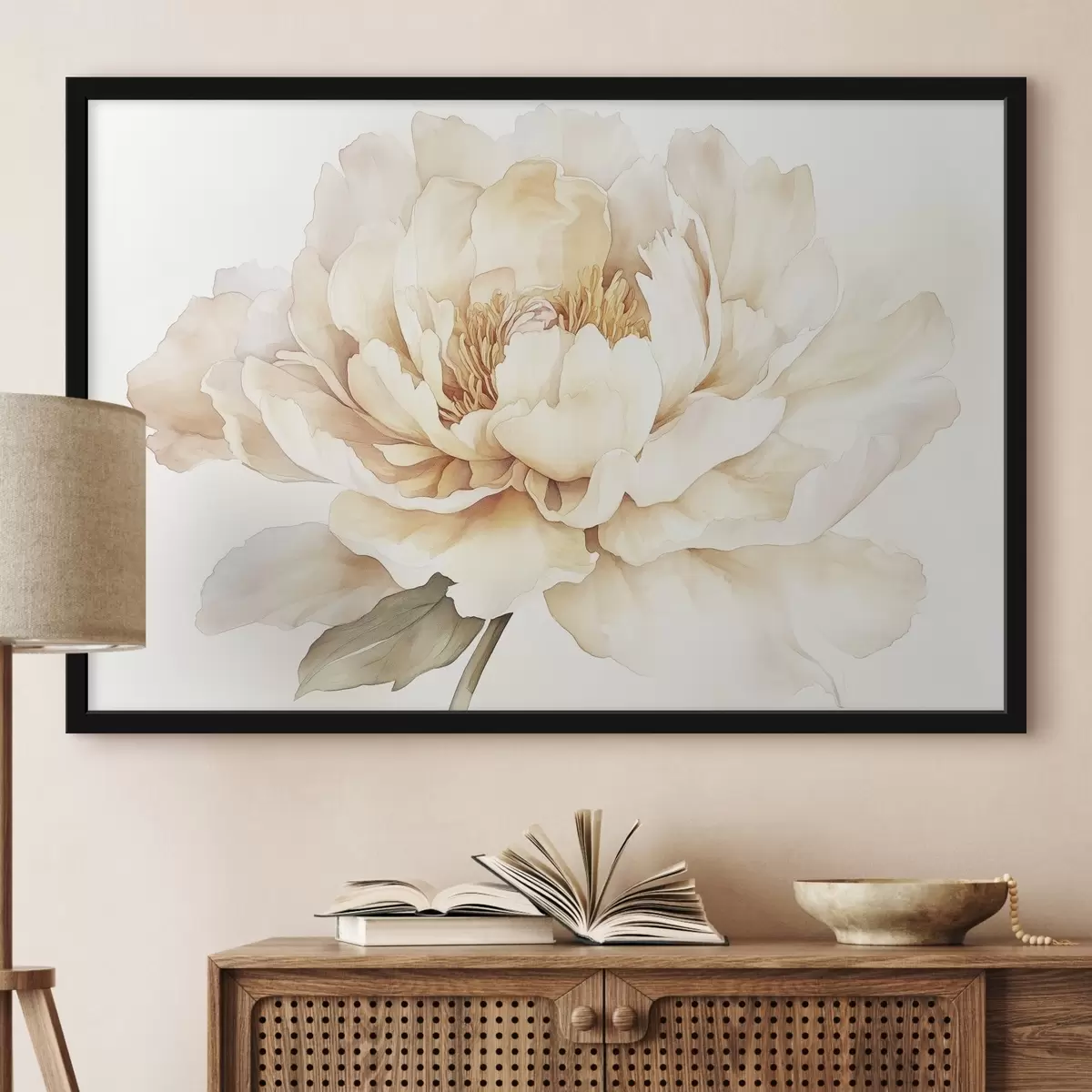 Poster Prachtige pioenroos bloem, zachte romige kleuren, aquarel stijl f42201