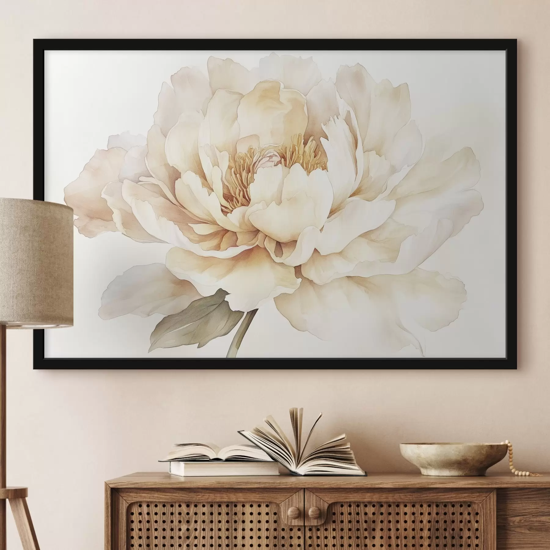 Papier peint photo Belle fleur de pivoine, couleurs douces et crémeuses, style aquarelle f42201