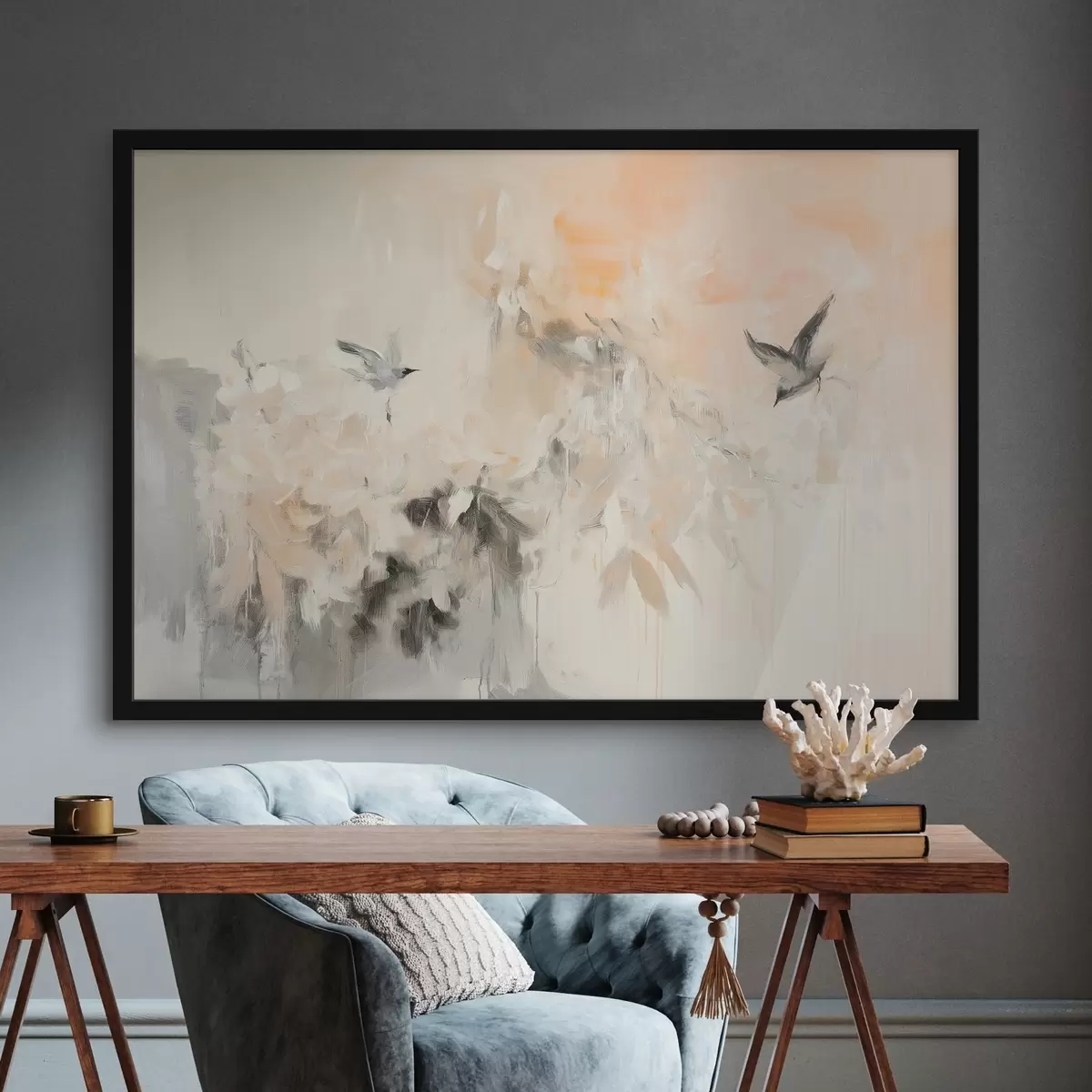 Poster Abstractie met vliegende vogels, acrylstijl, roze en beige kleuren f42205