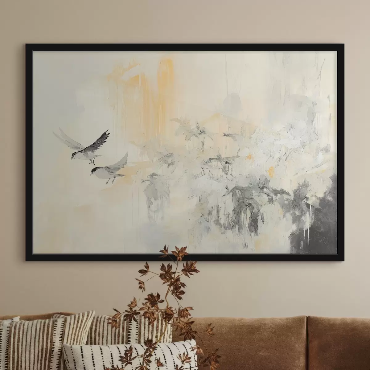 Poster Abstractie met vogels, acrylstijl, grijze en beige kleuren f42206