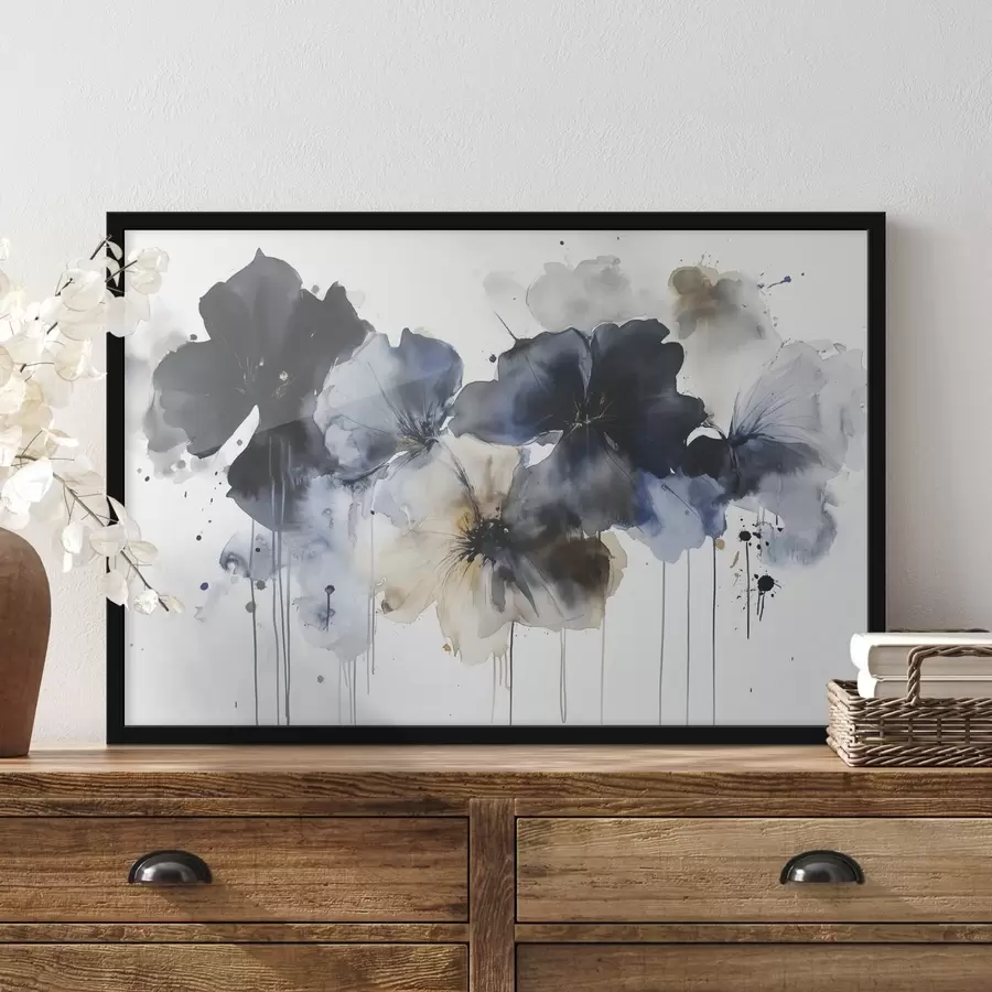 Papier peint photo Aquarelle de fleurs, style fluide, couleurs bleues f42207