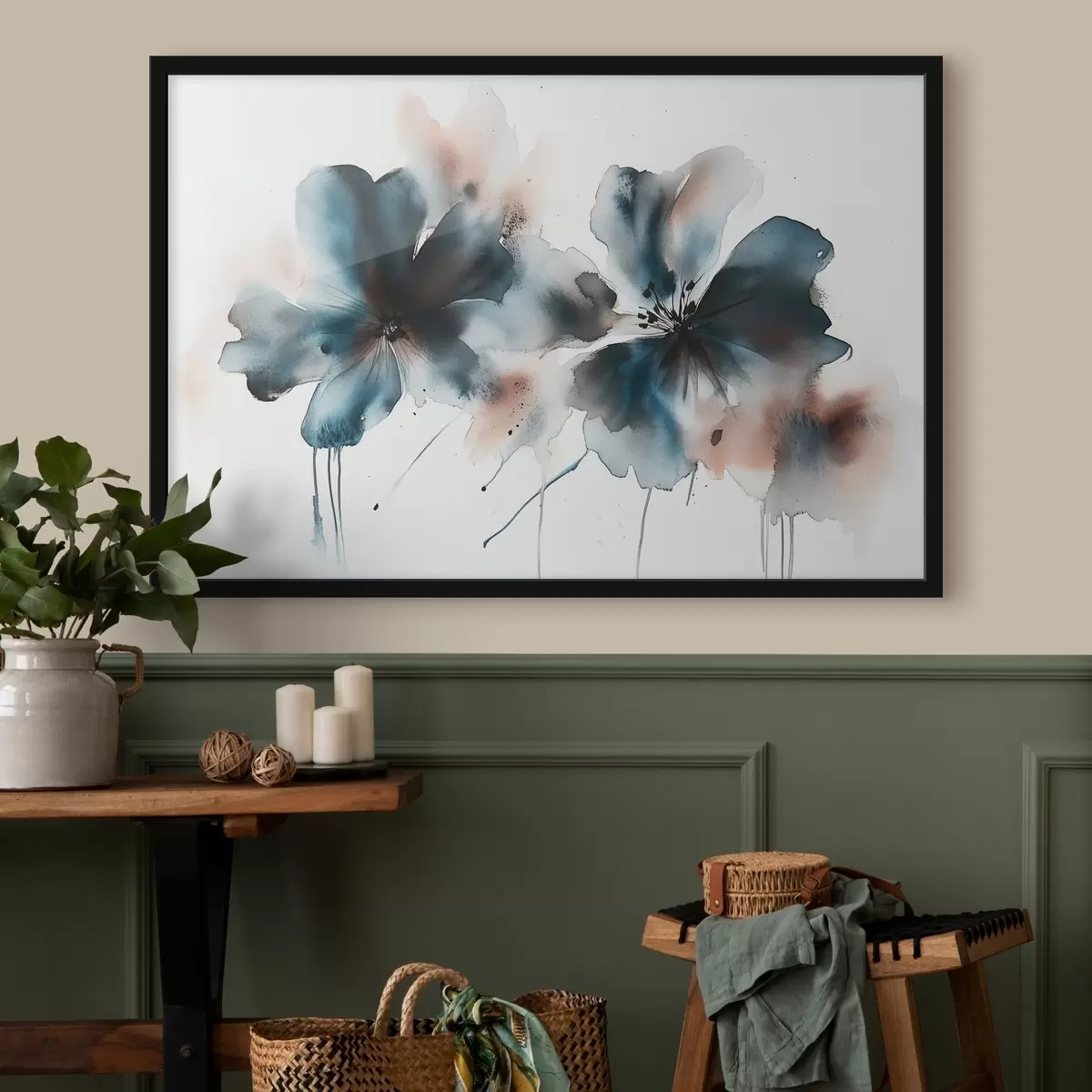 Poster Aquarel stijl bloemen, blauwe kleuren f42208