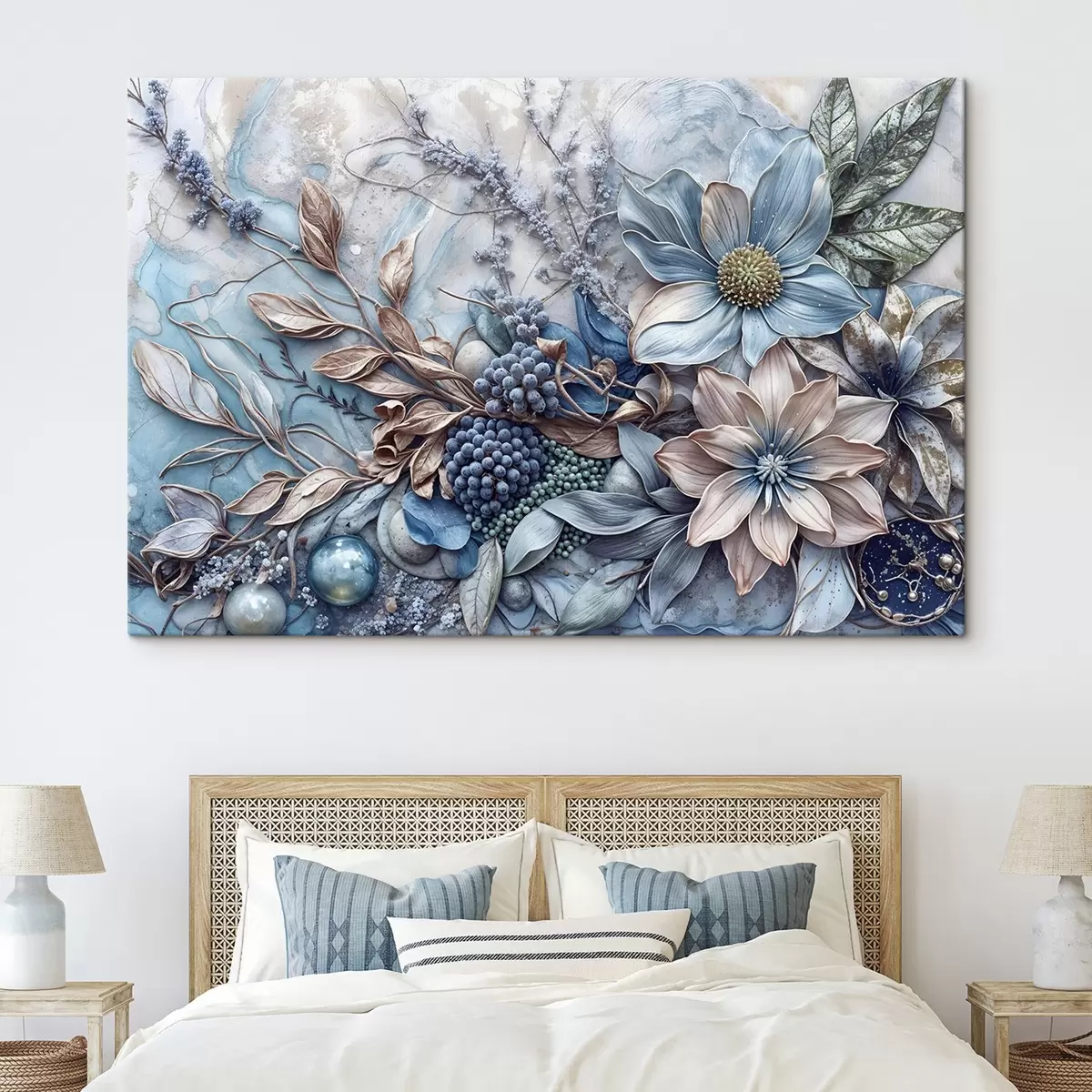  Peintures Une fleur luxuriante abstraite texturée et détaillée avec de grandes fleurs bleues et roses vibrantes, des baies et d'autres éléments botaniques s42210