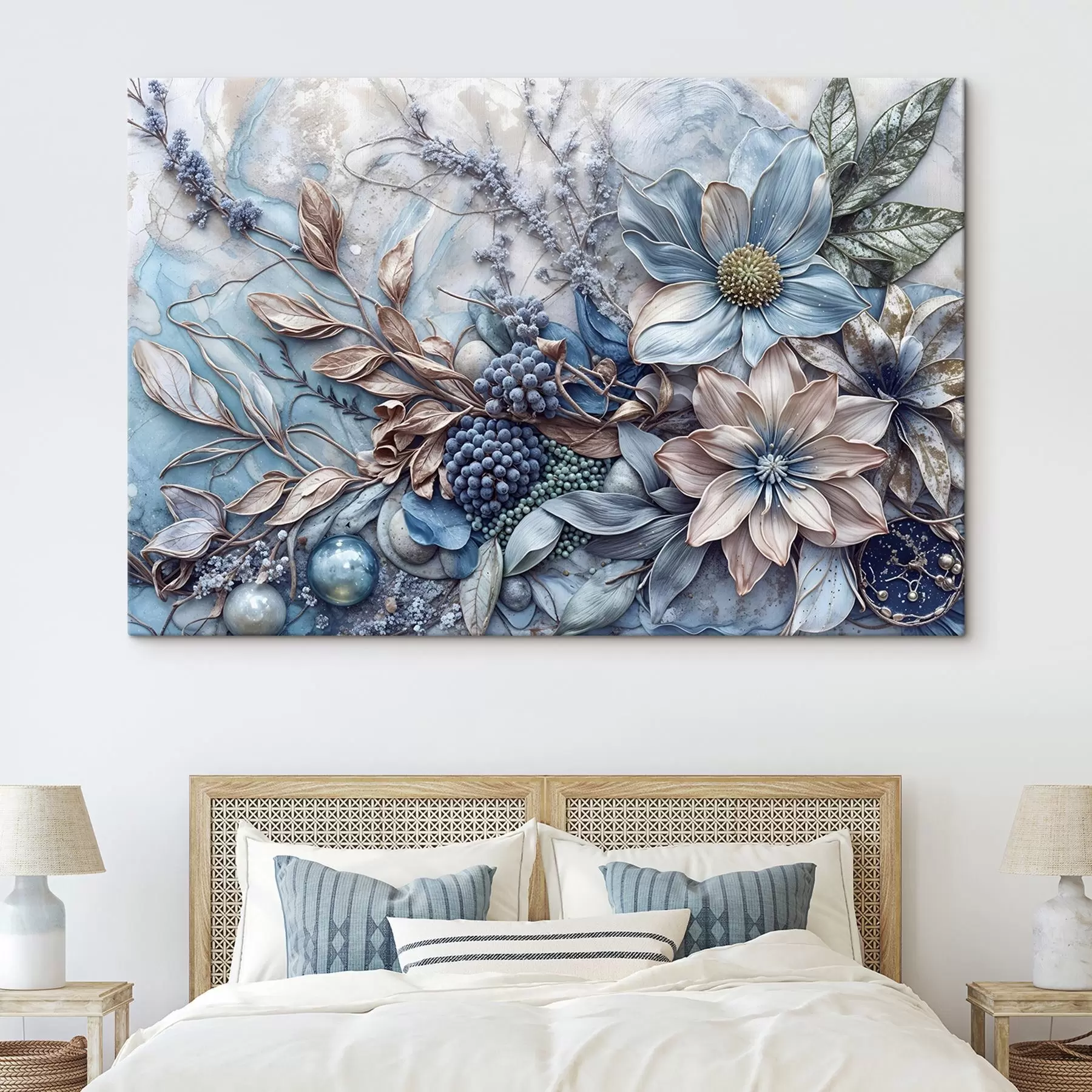 Fotobehang Een gedetailleerde textuur van abstracte weelderige bloemen met grote, levendige blauwe en roze bloemen, bessen en andere botanische elementen s42210